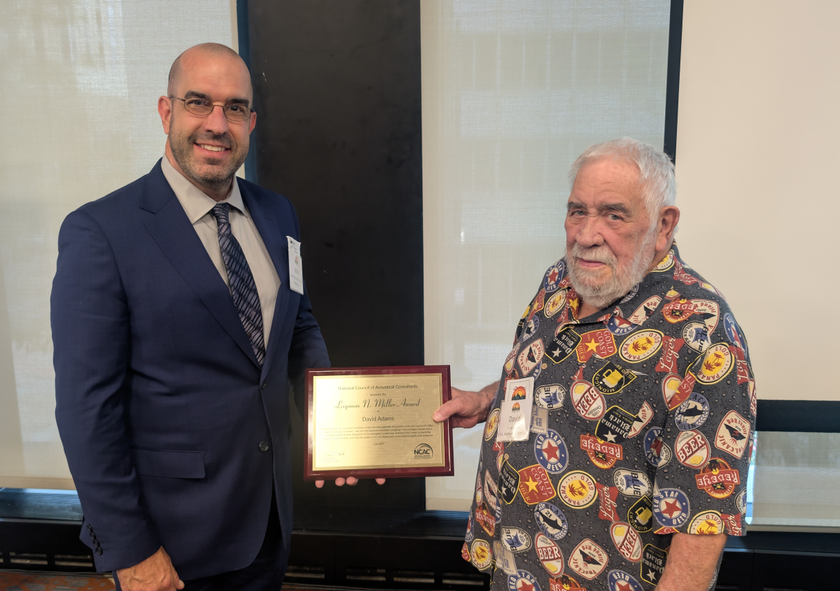 NCAC President Jesse Ehnert, Arpeggio Acoustic Consulting, LLC presenting 2025 Laymon N. Miller Award for Excellence in Acoustical Consulting to David L. Adams, P.E. D. L. Adams Associates